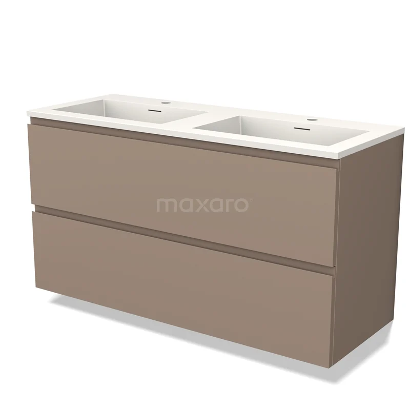 Modern beige badkamermeubel met dubbele wastafel, strakke lijnen en softclose-lades; ideaal voor een stijlvolle badkamer.