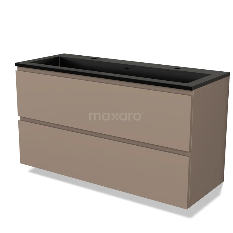 Tweepersoons wastafelmeubel in taupe met zwarte keramische wastafel, strak design en ideaal voor moderne badkamers.