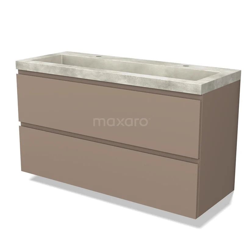 Moderne taupe badkamermeubel met betonlook wastafel, strak design en dubbele lades voor ruime opbergruimte.