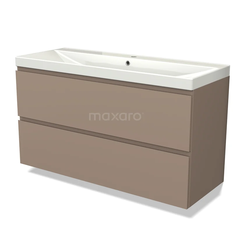 Beige badkamermeubel met dubbele lades en wit keramisch wastafelblad, modern en ruim design.