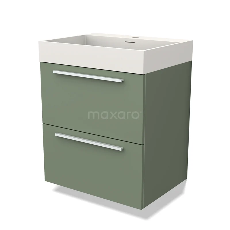 Green Bathroom unit with two drawers, matte finish and white sink; compact modern design for a stylish bathroom.