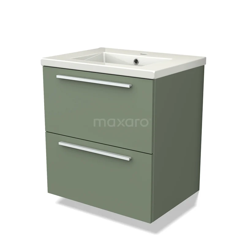 Olive green basin base cabinet with two drawers, ceramic basin and sleek handles, ideal for modern bathrooms.