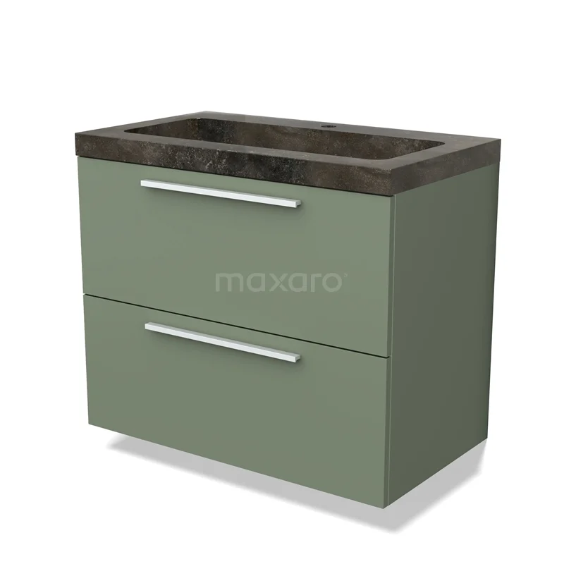 Groen badkamermeubel met twee lades, keramische wasbak en strak ontwerp; ideaal voor moderne badkamerstijl.