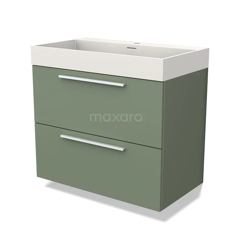 Groene badkamermeubelset met twee lades, witte wastafel en strakke handgrepen, ideaal voor moderne badkamerinrichting.