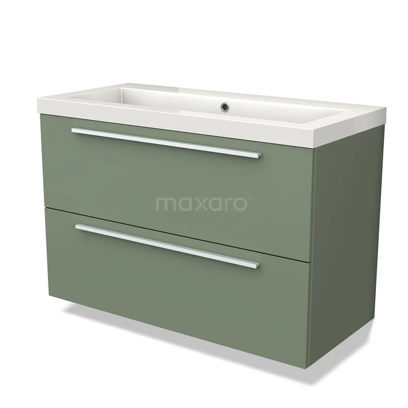 Groen badkamermeubel met twee lades, witte keramische wastafel en metalen handgrepen, stijlvol design voor elke badkamer.