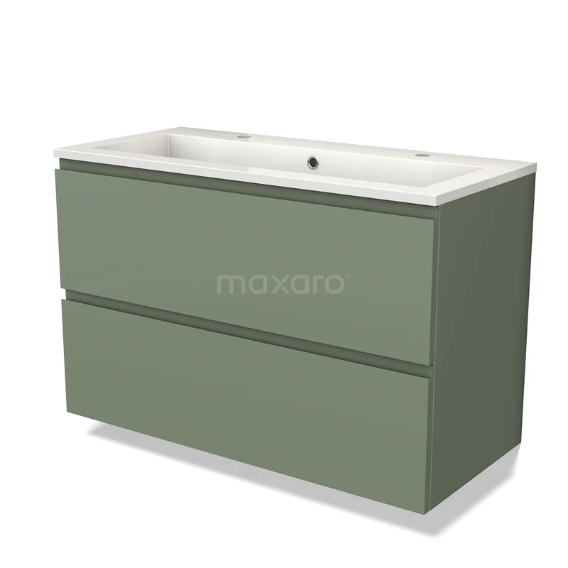 Olijfgroen badkamermeubel met dubbele ladekast, witte wastafel en minimalistisch design, ideaal voor moderne badkamers.