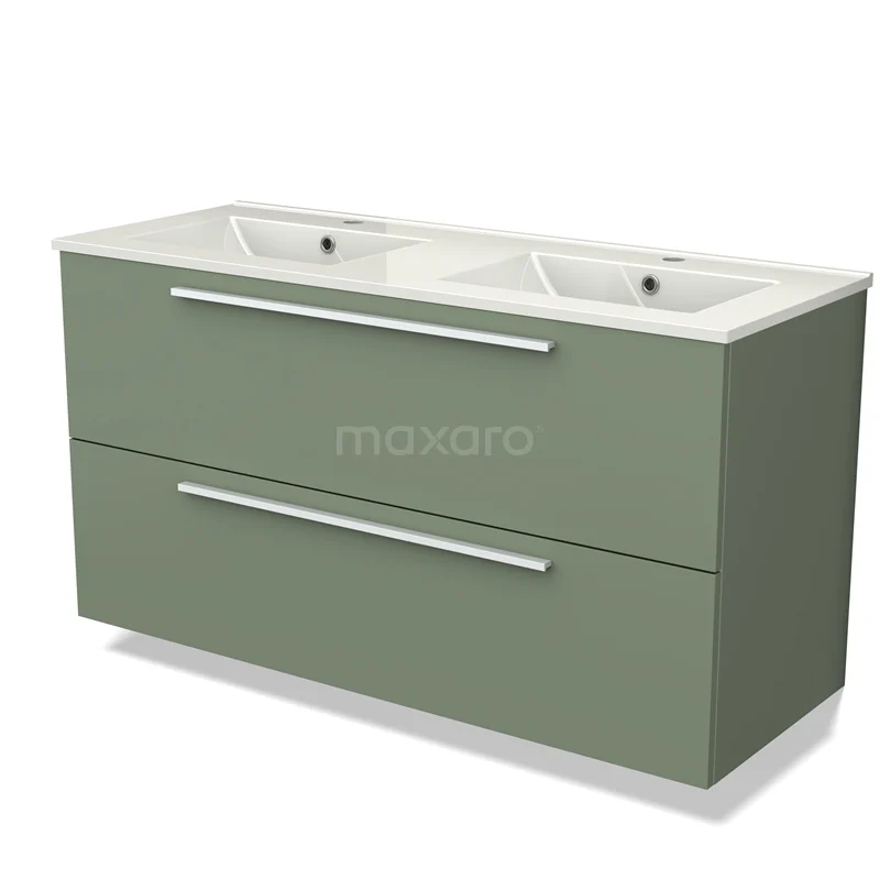 Groene dubbele wastafel met stijlvolle lades, perfect voor moderne badkamers; duurzaam ontwerp met keramische waskommen.