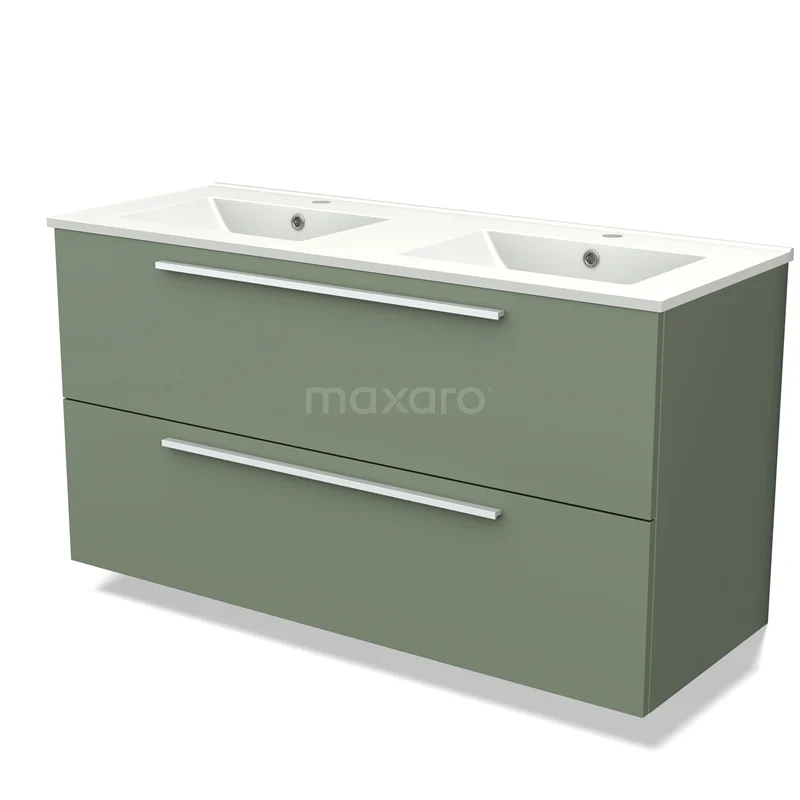 Groen wastafelmeubel met twee spoelbakken, moderne strakke lades en chromen grepen, perfect voor een stijlvolle badkamer.
