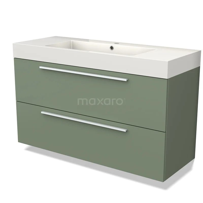 Olijfgroene wastafelmeubel met twee lades, witte keramiek wastafel, en strakke handgrepen, perfect voor een moderne badkamer.