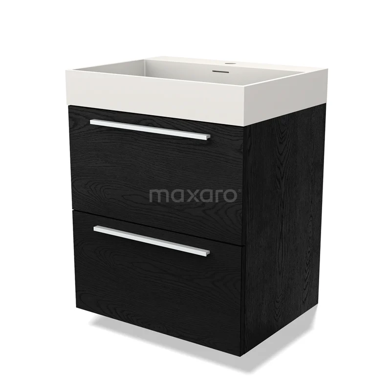 Zwart houten badkamermeubel met twee lades en een witte wastafel, ideaal voor moderne badkamers.