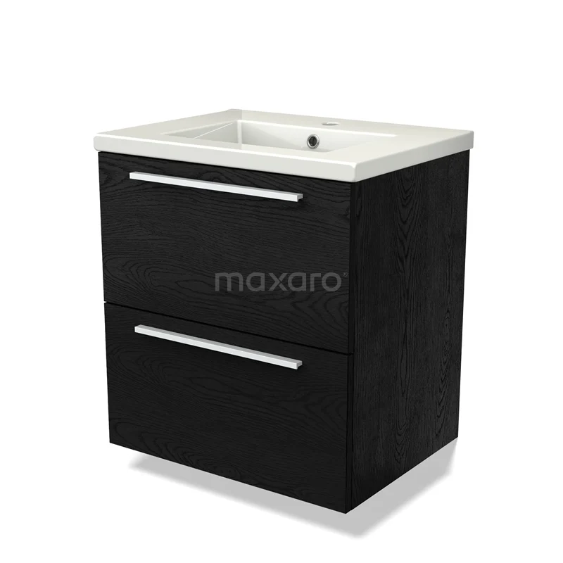Zwart houten badkamermeubel met een keramische wastafel en twee schuifladen, ideaal voor moderne badkameropslag.