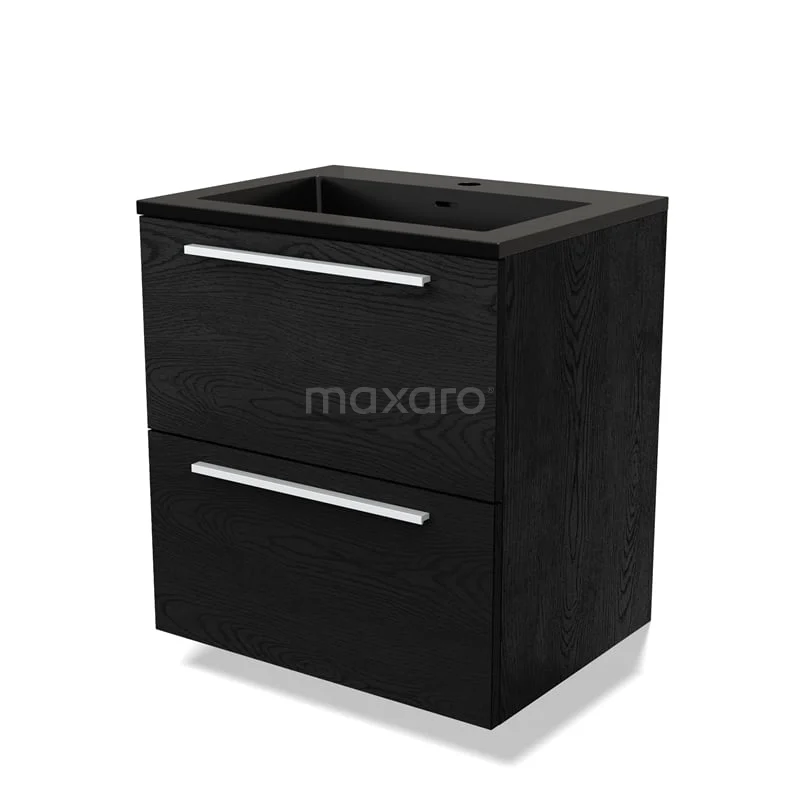Zwart houten badkamermeubel met twee lades en metalen handgrepen, compact ontwerp, ideaal voor moderne badkamers.