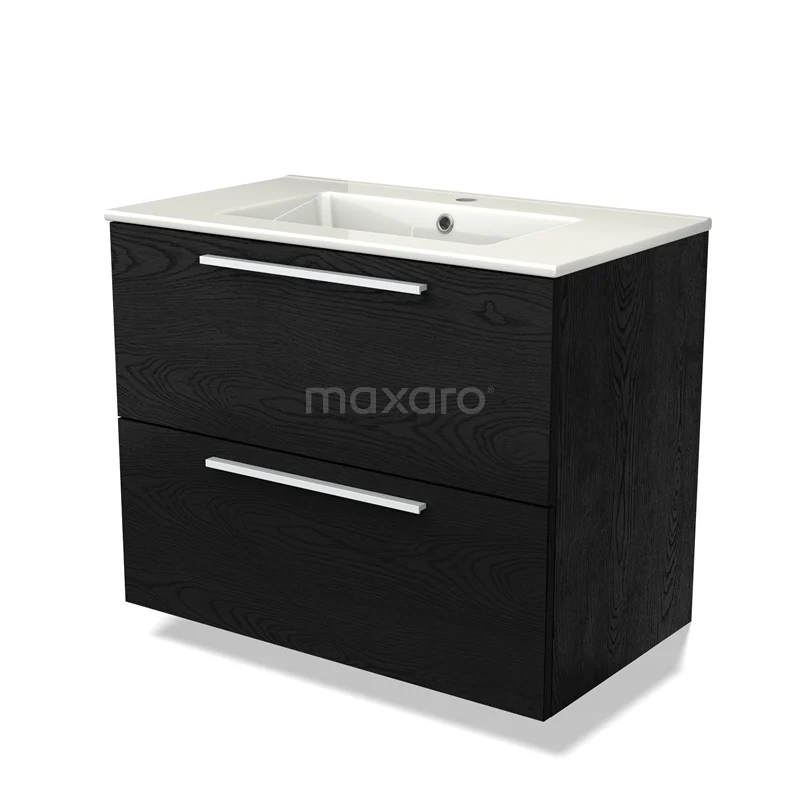 Zwarte badkamerkast met wastafel, strakke vorm, modern ontwerp, twee lades en metalen handgrepen, ideaal voor badkameropslag.