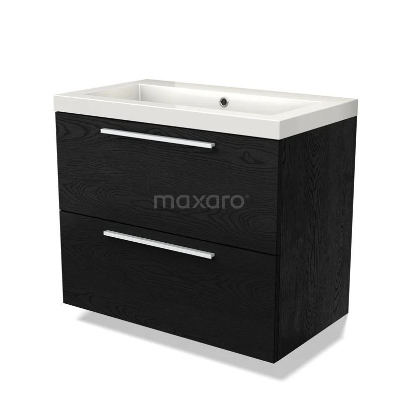 Modulo Bathroom furniture with sink | 80 cm Black oak Flat front Mineral marble 2 Stacked drawers BMW17-04273 Black wooden bathroom unit with two drawers, white vanity units with basin and sleek silver handles.