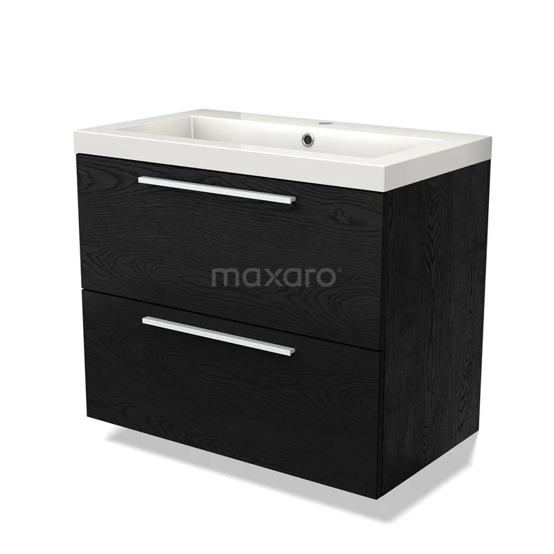 Zwarte badmeubelset met witte wastafel, modern design, twee lades en strakke grepen, ideaal voor een stijlvolle badkamer.