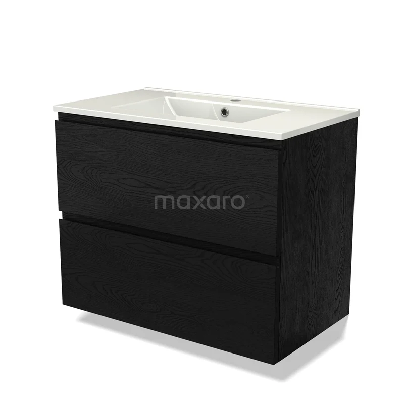 Zwarte houten badkamermeubel met twee lades en geïntegreerde witte wastafel, modern design voor stijlvolle badkamers.