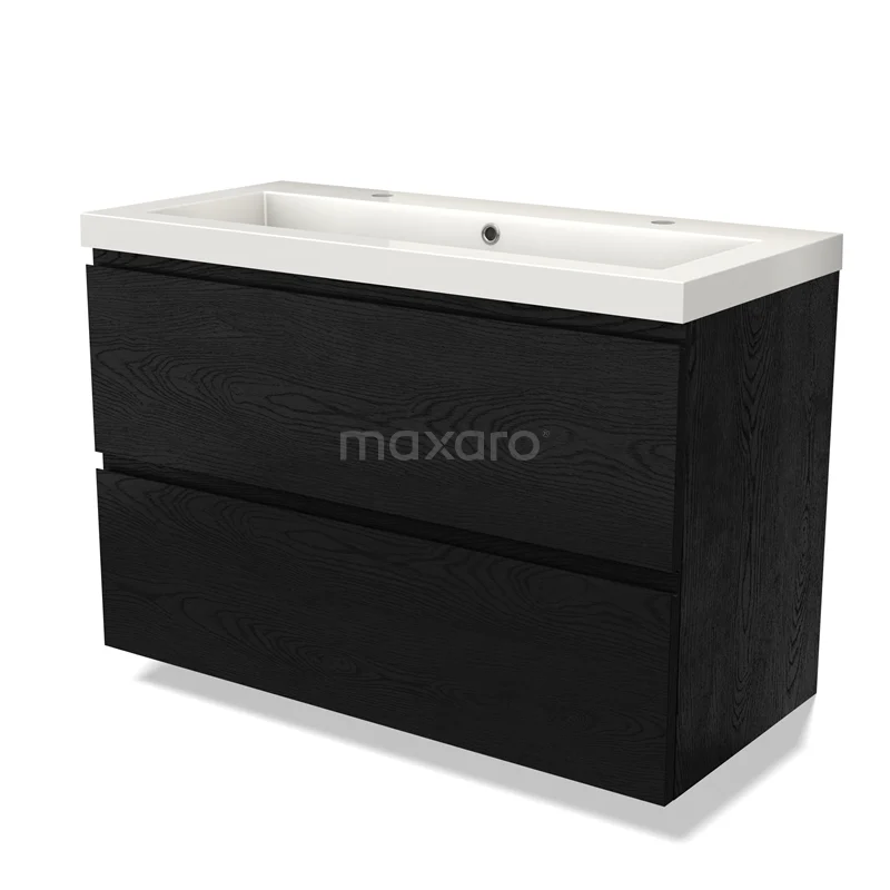 Modulo Waschtische | 100 cm Schwarze Eiche Grifflos front Mineralguss 2 übereinanderliegende Schubladen BMW17-04327 Schwarz Badmöbel mit doppelten Schubladen und weißem keramischen Waschbecken, modernes Design, ideal als stilvolle Badezimmerlösung.