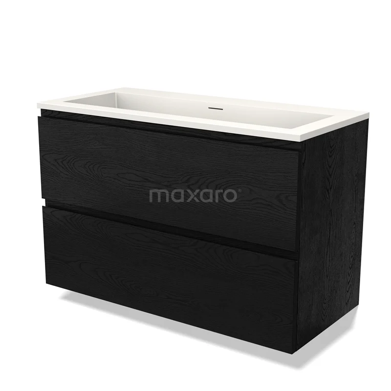 Zwart badkamermeubel met dubbele lades, wit keramische wasbak en strak design, perfect voor moderne badkamers.