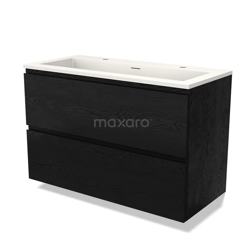 Zwarte houten badkamermeubel met twee lades en witte keramische wastafel, ideaal voor moderne badkamers.