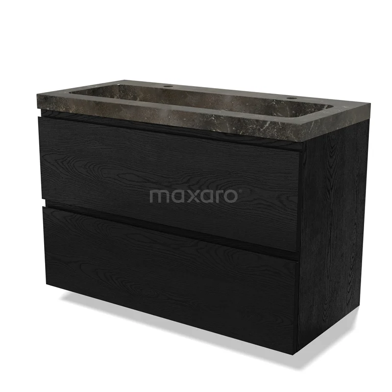 Zwart badmeubel met marmeren wastafel, strakke lijnen en twee lades, perfect voor een moderne badkamerinrichting.