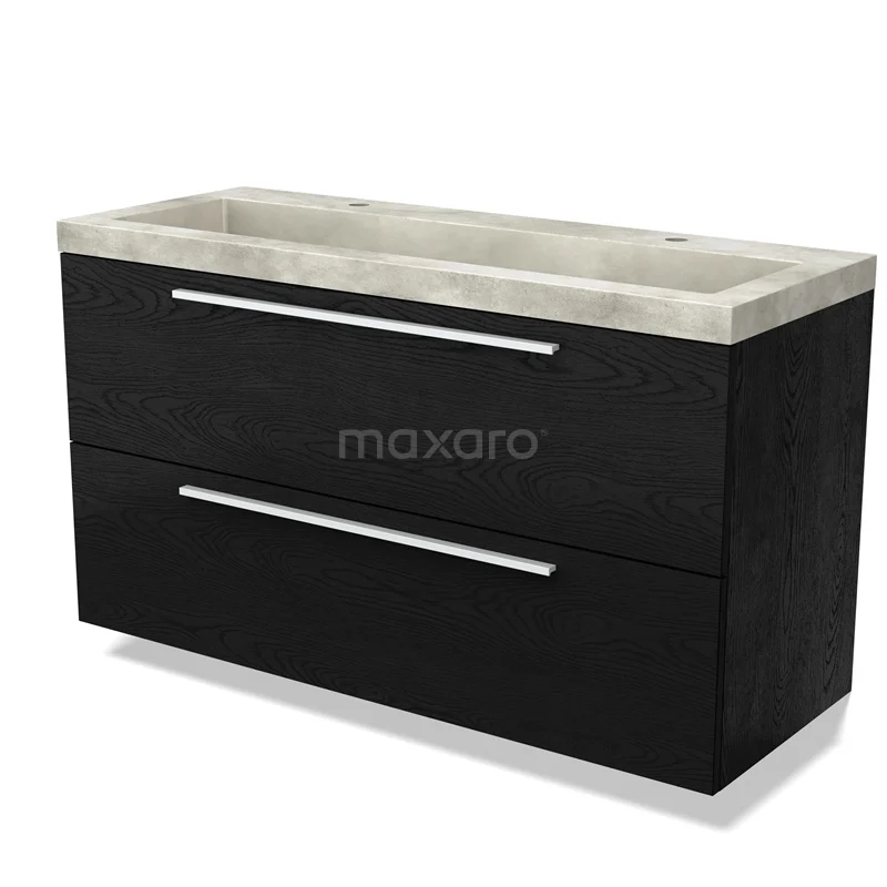 Black vanity unit set with double drawers, modern design, concrete-look basin, ideal for stylish bathroom design.
