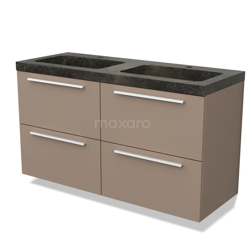 Tweepersoons badmeubel in taupe met marmeren bovenblad, vier lades en dubbele wastafel; stijlvol en functioneel.