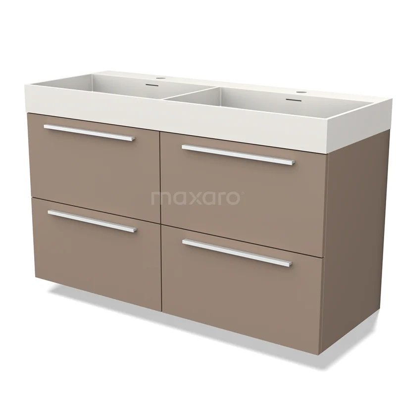 Dubbele wastafelmeubel in taupe met witte keramische wastafel, vier lades en strak design, perfect voor moderne badkamers.