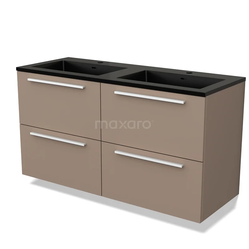 Twee wastafelonderkasten in taupe met zwarte bovenblad, strak design en vier lades, ideaal voor moderne badkamers.