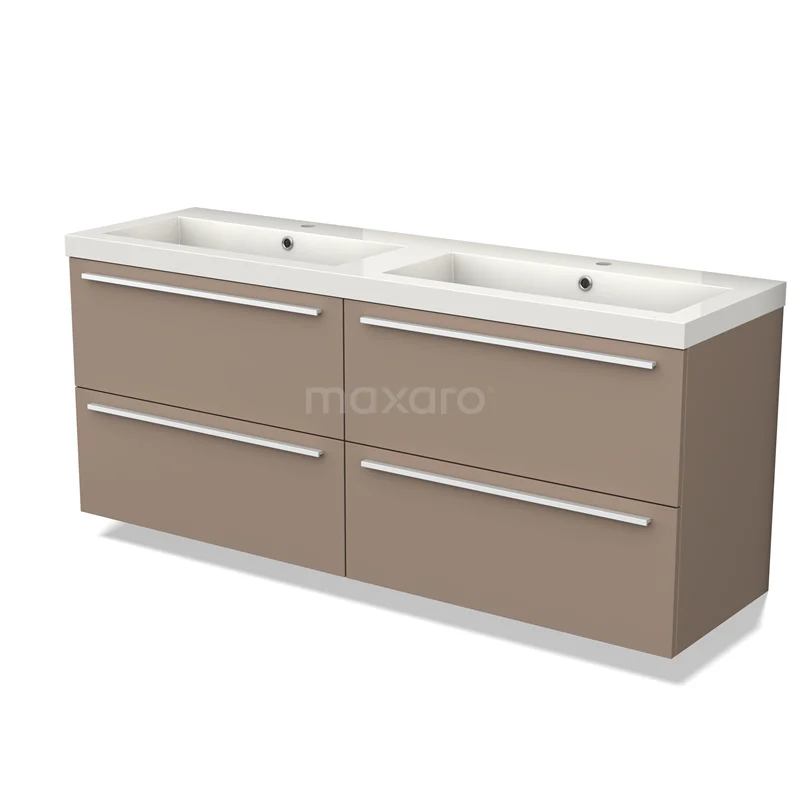 Beige dubbele wastafelmeubel met vier lades, moderne badkamerkast, glanzende afwerking, geschikt voor ruime badkamers.