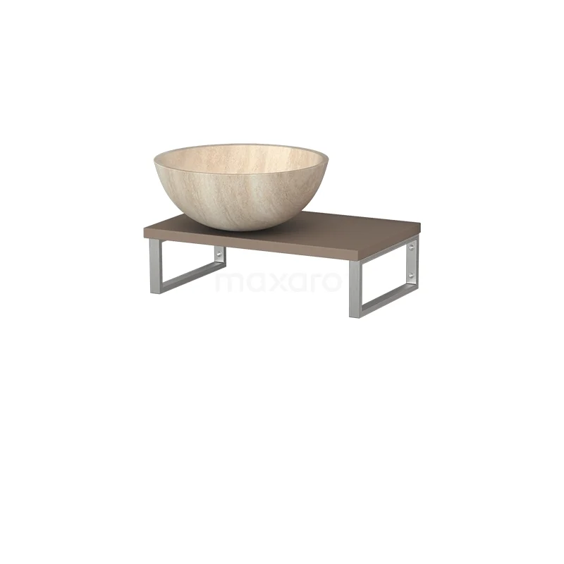 Modulo Pico Aufsatzwaschbeckenplatte mit Becken | 41 cm Taupe Travertin Naturstein TMK01-00567 Holzwaschbecken auf einem Wandregal mit Metallrahmen, perfekt für eine moderne Badezimmergestaltung.