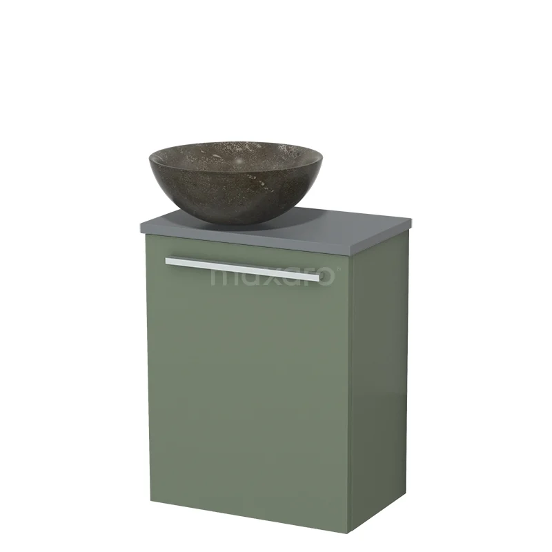 WC-Möbel mit Aufsatzwaschbecken | 41 cm Salbeigrün Glatte Front Blaustein Naturstein-Aufsatzwaschbecken Mittelgrau Platte TMK10-12433 Grüner Badschrank mit schalenförmigem Waschbecken aus Stein, minimalistisches Design, perfekt für einen modernen Badezimmerstil.