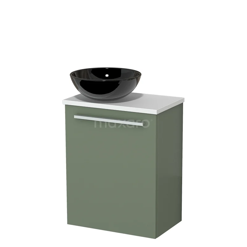 Toilet unit with wash basin | 41 cm Sage green Flat front High-gloss black Ceramic countertop wash basin Matte white worktop TMK10-12450