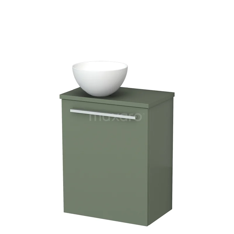 WC-Möbel mit Aufsatzwaschbecken | 41 cm Salbeigrün Glatte Front Matt Weiß Solid Surface Aufsatzwaschbecken Salbeigrün Platte TMK10-12494 Olivenfarbener Badschrank mit keramischem Aufsatzwaschbecken, schlankes Design, ideal für eine moderne Badezimmergestaltung.