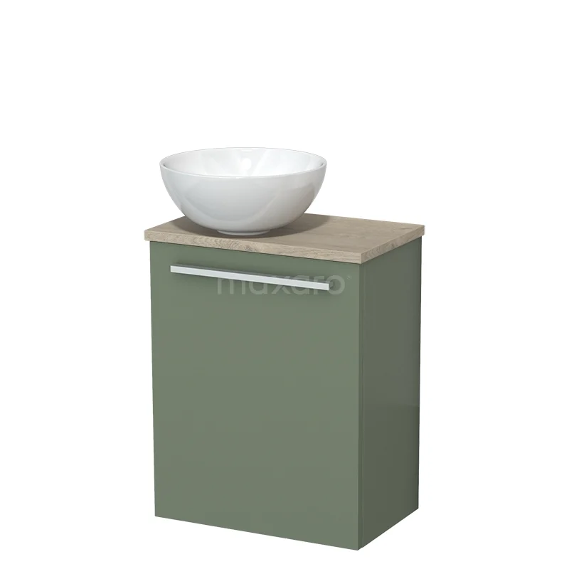 WC-Möbel mit Aufsatzwaschbecken | 41 cm Salbeigrün Glatte Front Hochglanz Weiß Keramik-Aufsatzwaschbecken Hellgraue Eiche Platte TMK10-12527 Olivegrünes Badezimmermöbel mit Holzlook Platte und weißem Aufsatzwaschbecken, kompaktes Design für ein stilvolles und funktionales Badezimmer.