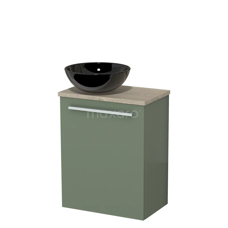 Toilet unit with wash basin | 41 cm Sage green Flat front High-gloss black Ceramic countertop wash basin Light grey oak worktop TMK10-12528