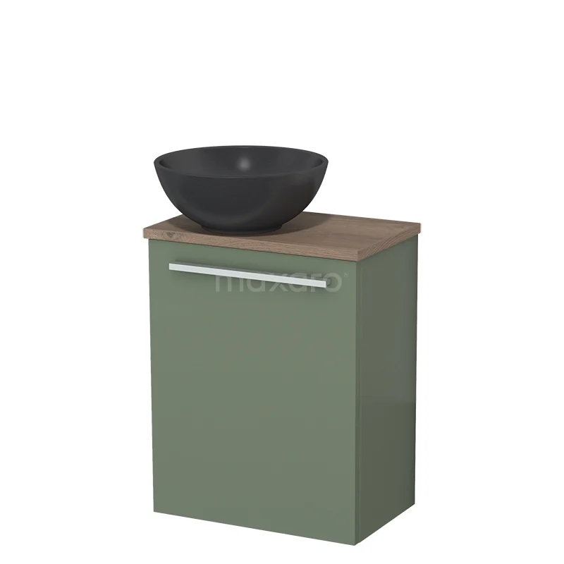 Toilet unit with countertop wash basin | 41 cm Sage green Flat front Matte black Quartz wash basin Mid brown oak worktop TMK10-12565