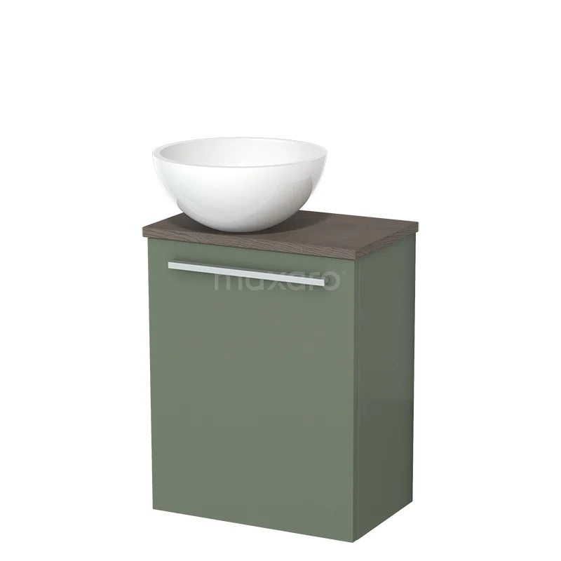 Toilet unit with countertop wash basin | 41 cm Sage green Flat front High-gloss white Mineral marble basin Dark brown oak worktop TMK10-12570