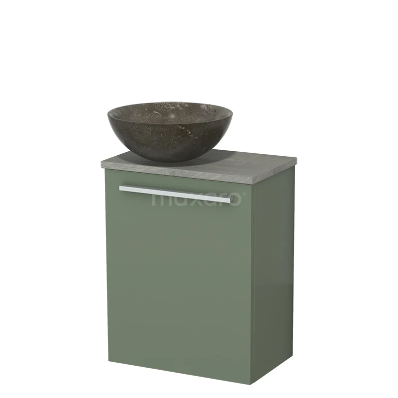 WC-Möbel mit Aufsatzwaschbecken | 41 cm Salbeigrün Flache Front Blaustein Naturstein Aufsatzwaschbecken Graue Eiche TMK10-12589 Grünes Waschtisch mit Natursteine Aufsatzwaschbecken, schlichte Metallgriff, ideal für eine stilvolle Badezimmergestaltung.