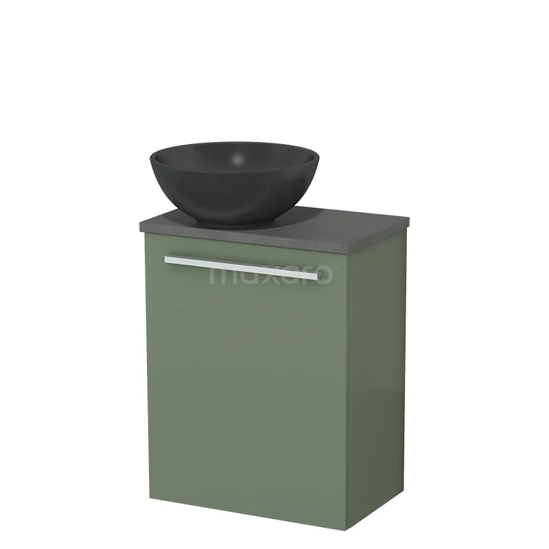 WC-Möbel mit Aufsatzwaschbecken | 41 cm Salbeigrün Glatte Front Matt Schwarz Quarz Aufsatzwaschbecken Dunkelgrauer Beton Platte TMK10-12617 Grüner Badschrank mit anthrazitfarbenem Waschbecken, modernes Design, ideal für kompakte Badezimmer.