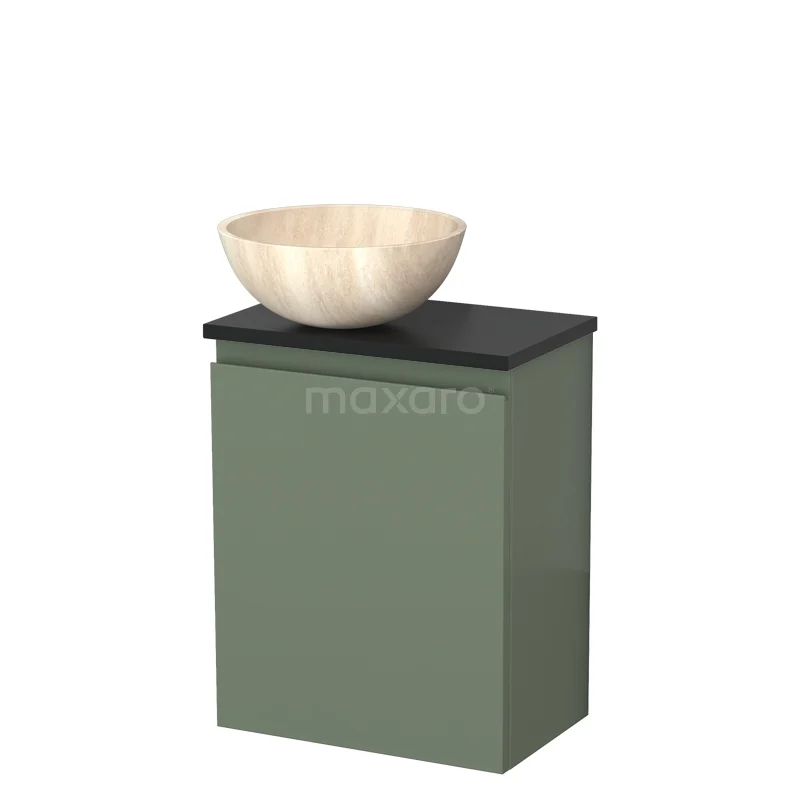 Toilet unit with wash basin | 41 cm Sage green Handleless front Travertine Natural stone countertop wash basin Matte black worktop TMK10-12639