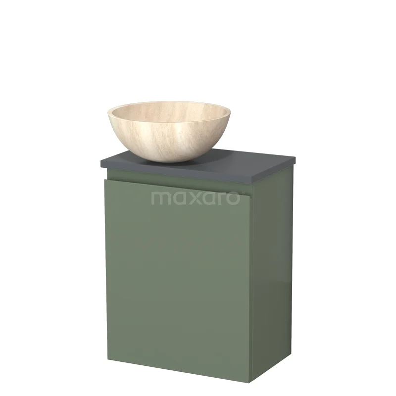 Toilet unit with wash basin | 41 cm Sage green Handleless front Travertine Natural stone countertop wash basin Dark grey worktop TMK10-12691