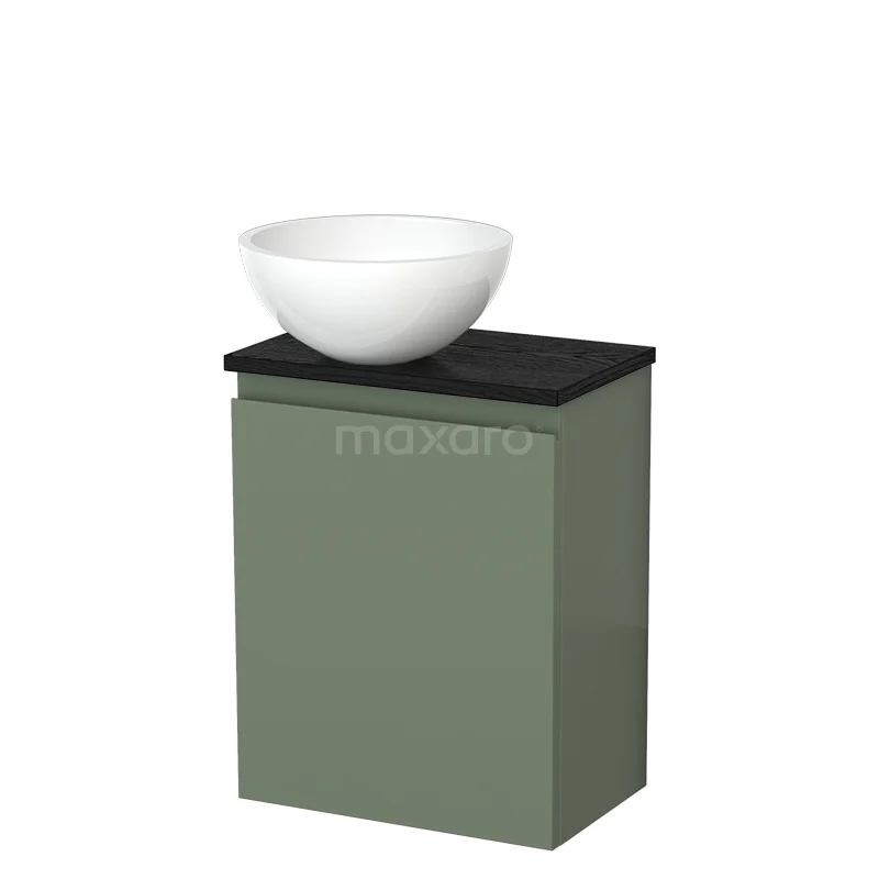Toilet unit with countertop wash basin | 41 cm Sage green Handleless front High-gloss white Mineral marble basin Black oak worktop TMK10-12726