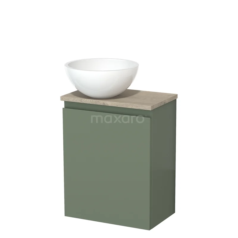Toilet unit with countertop wash basin | 41 cm Sage green Handleless front High-gloss white Mineral marble basin Light grey oak worktop TMK10-12752