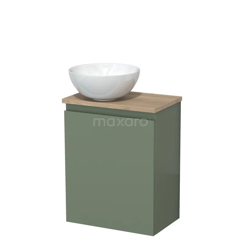 Toilet unit with countertop wash basin | 41 cm Sage green Handleless front High-gloss white Ceramic basin Light brown oak worktop TMK10-12761