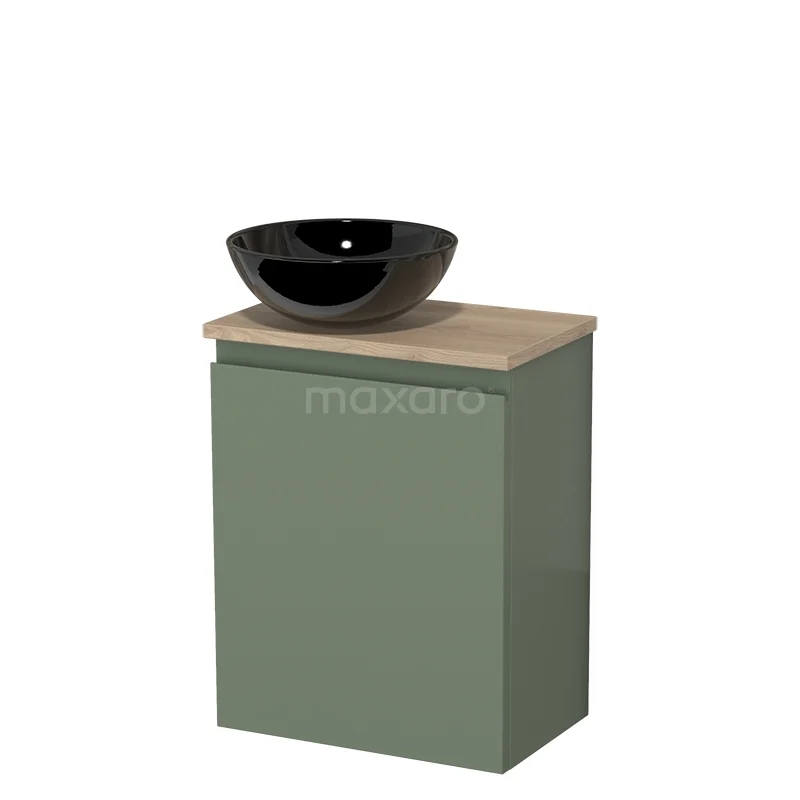Toilet unit with countertop wash basin | 41 cm Sage green Handleless front High-gloss black Ceramic basin Light brown oak worktop TMK10-12762