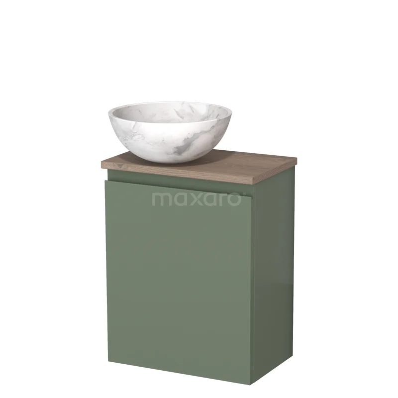 Groen badkamermeubel met houtlook blad en wit keramische waskom, ideaal voor een stijlvolle en compacte badkamerinrichting.