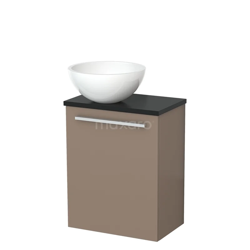 Moderne beige badkamermeubel met zwarte blad en ronde witte keramische wastafel, compact design voor kleine badkamers.