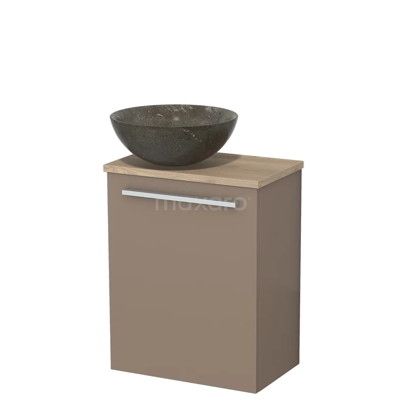 Bruine badkamerkast met natuurstenen waskom, compact design, ideaal voor moderne badkamerinrichting.