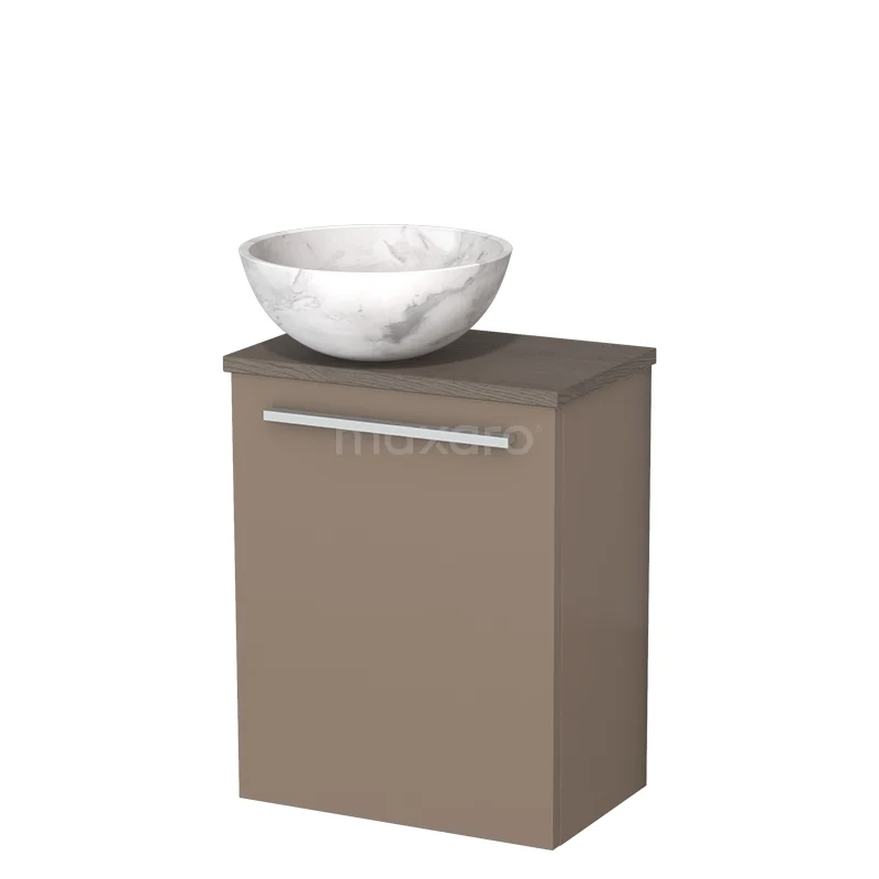 Bruine badkamerkast met marmeren waskom, modern design, ideaal voor een stijlvolle en praktische badkamerinrichting.