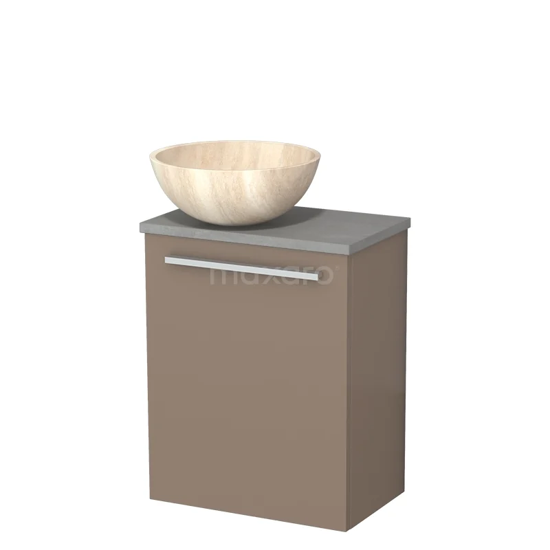 Bruin badkamermeubel met grijze bovenblad en houten waskom, strak design, ideaal voor moderne badkamers.